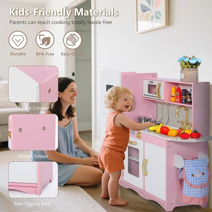 Kinder King Wooden Kids Play Kitchen, Toy Kitchen Playset for Toddler, Pretend Oven, Microwave, Telephone, Chalkboard, Interactive Doors, Knobs, Realistic Kitchen Sets for Boys Girls Age 3+, Gold