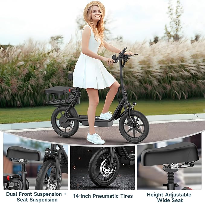 WERHY Electric Scooter, 500W Motor, 14'' Tires, Top Speed 22 mph, Max 27/49 Miles Ranges, Foldable E-Scooter with Suspension, Digital Display, Cruise Control,Rear Seat Box/Basket