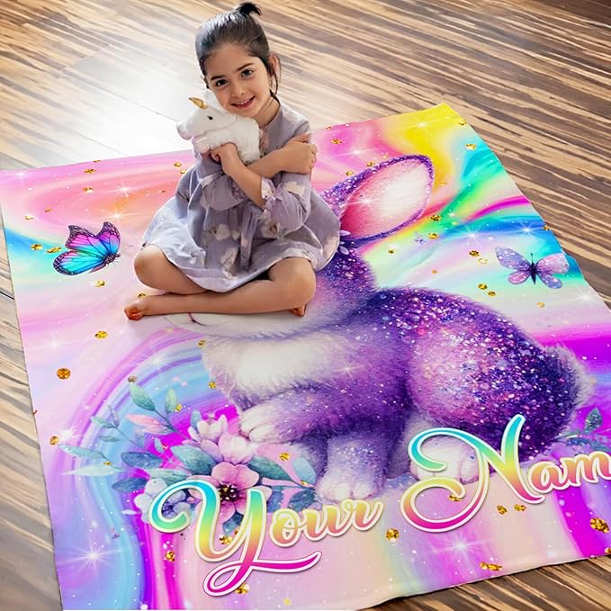 Personalized Blanket for Girls, Bunny Throw Blanket Gift for Kids Teens, Custom 80"x60" Soft Cozy Blankets for Couch Sofa Bed Travel Bedroom Decor
