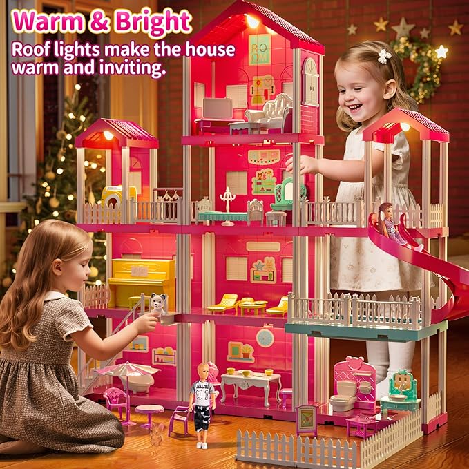 Pink Villa Playset for Girls Ages 3-7, 4-Story 10-Room House with 2 Dolls, Furniture & Accessories, Pretend Play Toddler Toy, Birthday Gifts for Kids 3-8