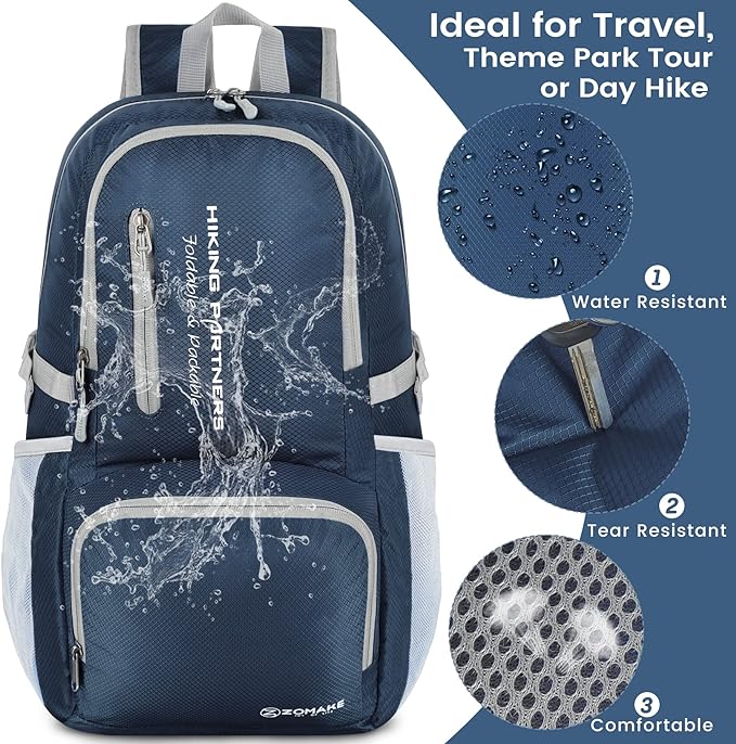 ZOMAKE Lightweight Packable Backpack, 35L Light Foldable Hiking Backpacks Water Resistant Collapsible Daypack for Travel(Navy Blue)