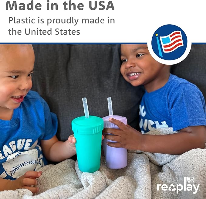 Re-Play 10 oz. Straw Cups for Kids with Silicone Locking Straws - Dishwasher & Microwave Safe - Made in USA - Set of 4-7.37" x 7.37" x 1.25" - Bubble Pop