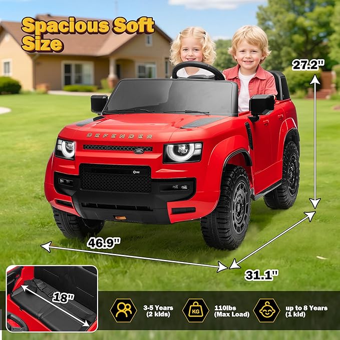 24V Licensed Land Rover 2 Seater Ride on Car for Kids, Battery Powered Electric Car Ride on Vehicle with Parent Remote Control, LED Light, Spring Suspension, Suitable for Aged 3-8, Red