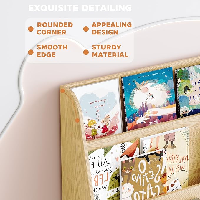 4 Tier Kids Bookshelf and Toy Storage Organizer, Child-Friendly Height & Stable Triangle Design, Toddler Book Shelf for Kids Room, Playroom, Bedroom, Classroom, Nursery, School, Natural