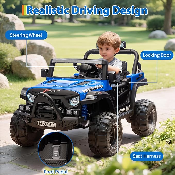 Kids Ride On Truck Car, 12V Ride On Toy Battery Powered Vehicles w/Parent Remote, Spring Suspension, Electric Car for Kids with Bluetooth Music, LED Light, Ideal Car Gift for Boys Girls, Blue