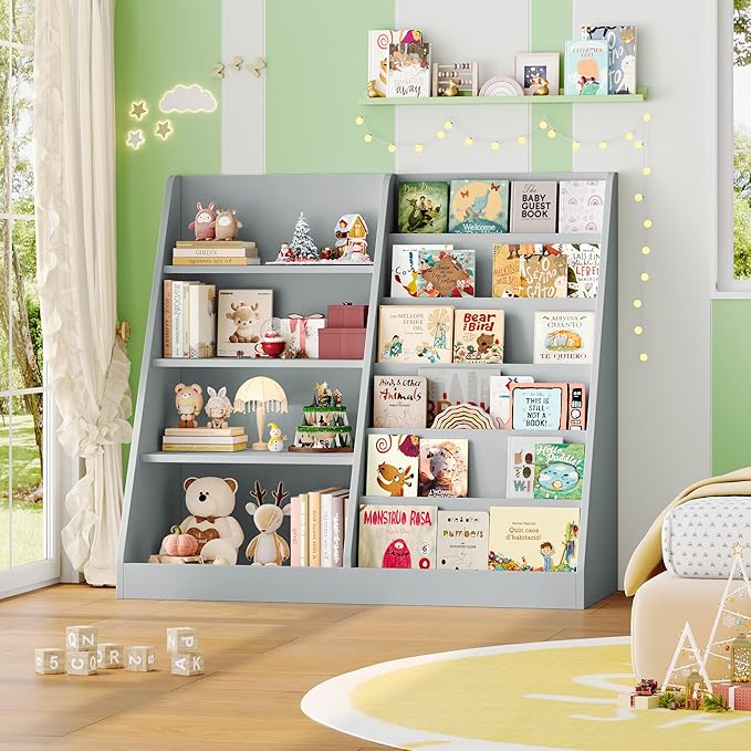 6 Tier Kids Bookshelf and Toy Storage Organizer, Child-Friendly Height & Stable Triangle Design, Toddler Book Shelf for Kids Room, Playroom, Bedroom, Classroom, Nursery, School, Grey