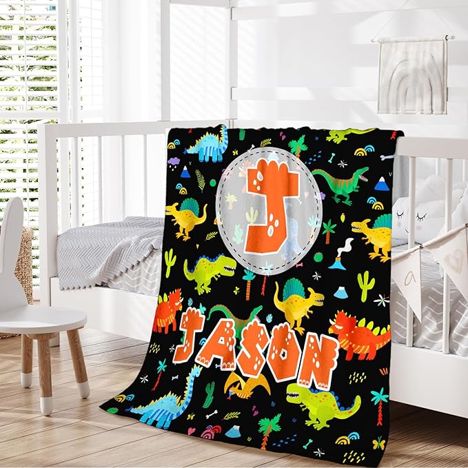 Dinosaur Boys Blankets, Personalized Initial Monogram Blanket for Kids Toddlers, Cute Throws Blanket Gift, Soft Cozy Flannel Throw for Sofa Bed Couch Decor