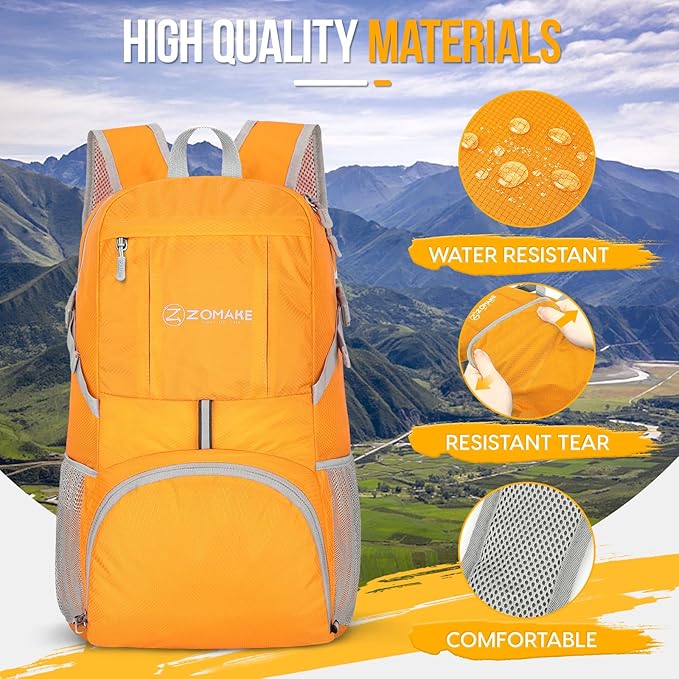 ZOMAKE Lightweight Packable Backpack 35L, Light Foldable Backpacks Water Resistant Collapsible Hiking Bag, Compact Folding Day Pack for Travel Camping(Yellow)