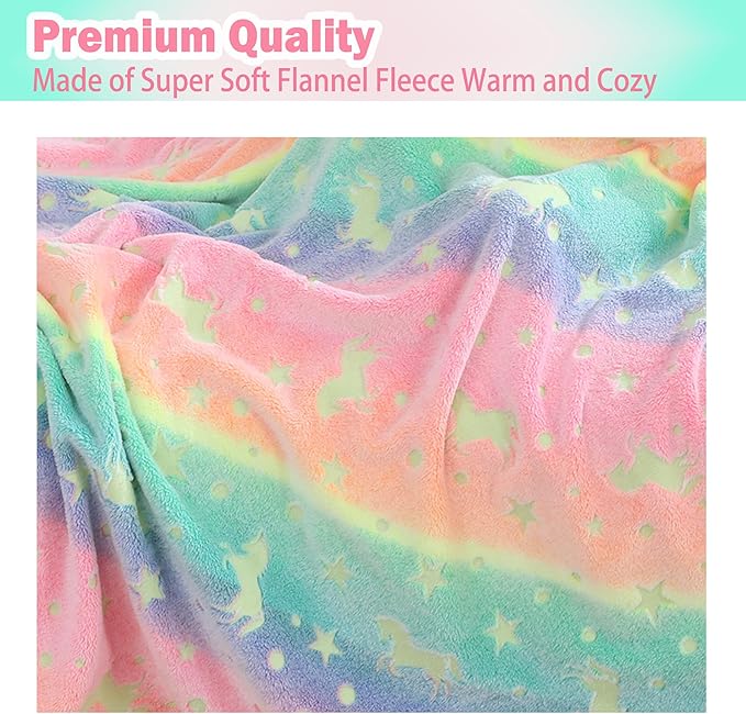 Softan Kids Unicorns Throw Blanket Glow in The Dark, Kids Blanket Gifts for Girls & Boys, Soft Cozy Flannel Luminous Unicorns Blanket for Sofa Couch Bed, Christmas Birthday Gift, 50x60IN