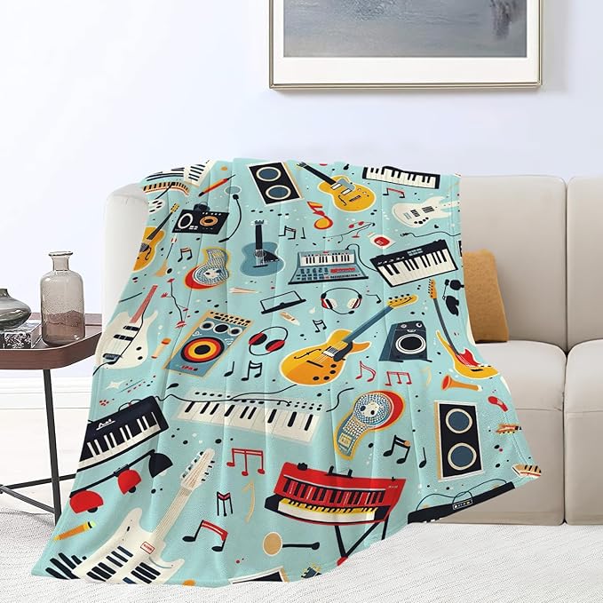 Music Blanket Musical Instruments Note Throw Blanket Gifts for Music Lovers Adults Men Women Kids Boys Girls Super Soft Cozy Plush Fluffy Fuzzy Fleece Blanket Home Decor 50''X60''