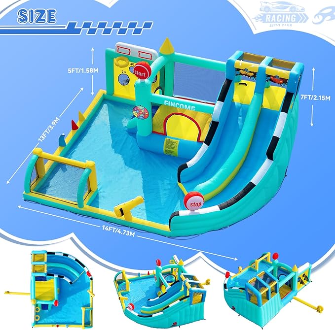 Bounce House Double Slides for Kids 3-10, Large Bounce Castle with Air Blower 550W, Pool, Jumping, Climbing, Balls, Ring Toss, Inflatable Water Park for Birthday Party Holiday Outdoor Indoor