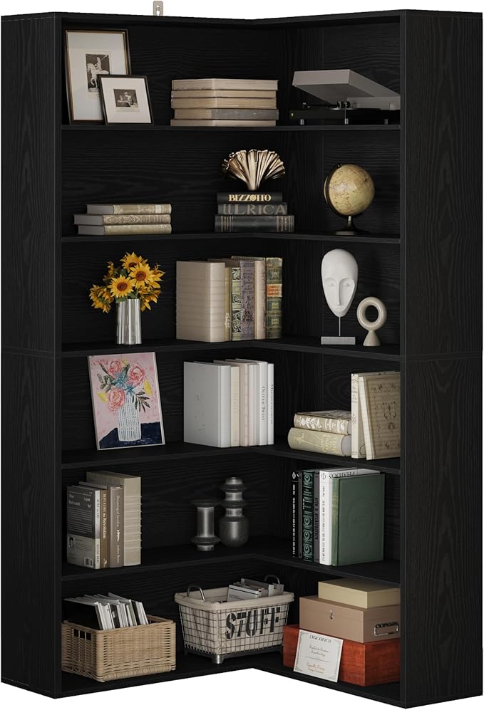 ANCTOR Corner Bookshelf, 6 Tiers Corner Bookcases with Baffles Etagere Shelf Storage Rack for Living Room Home Office, Black