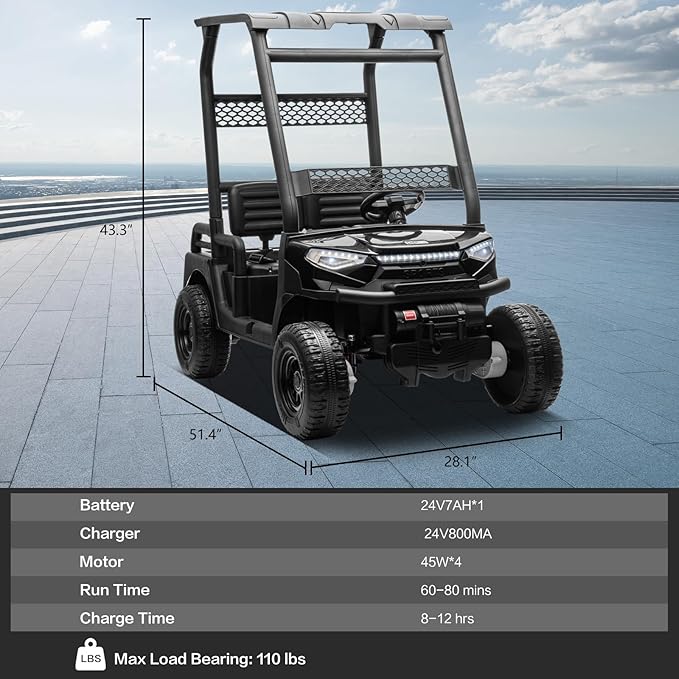 24V 2 Seater Kids Ride on Car, 4WD Golf Cart with Parent Remote Control, 4x4 Motors Ride on Truck with Roof, Toddler Electric Vehicle with Storage Box, Foot Pedal, Music Player, Lights, Horn, Black