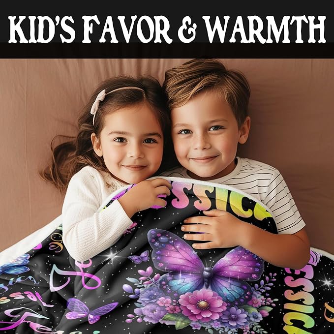 Custom Girl Blanket with Name Personalized Butterfly Blanket Customized Soft Throw Blanket for Newborn Toddler Teens Baby Shower Birthday
