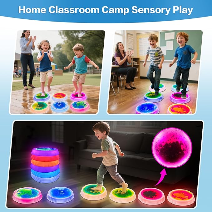 Stepping Stones for Kids - 6pcs Light Up Liquid Stepping Stones with 7 Color LED, Non-Slip Sensory Balance Toys for Toddlers Ages 3-5, Indoor Outdoor Fitness Toys for Birthday