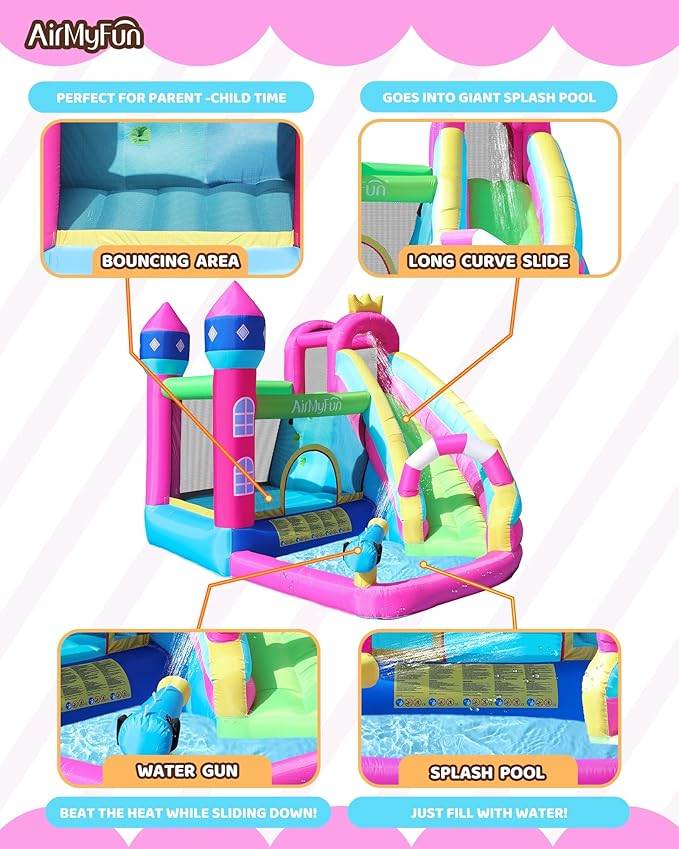 AirMyFun Inflatable Water Slide Pink Princess Bounce House for Big Kids 8-12 with Long Slide and Spray Water Gun for Kids Backyard Inflatable Bouncy Castle