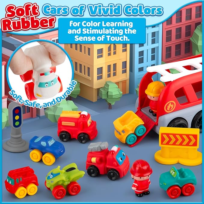 Soft Rubber Toy Figure Car for 1 Year Old Boy 13 PCS Cartoon Cars with Trailor Baby Toys for 12-18 Months & Toddler Age 1-2|First Birthday, for 1 2 3 Year Old Boy