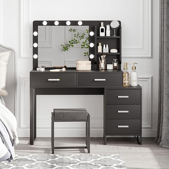 Makeup Vanity Desk with Lights,Vanity with Lighted Mirror,3 Lighting Modes Adjustable,Vanity Desk with 5 Storage Drawers,Vanity Set with Bench