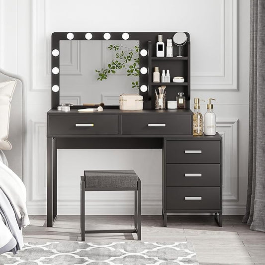 Makeup Vanity Desk with Lights,Vanity with Lighted Mirror,3 Lighting Modes Adjustable,Vanity Desk with 5 Storage Drawers,Vanity Set with Bench