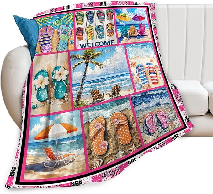 Coastal Blanket Ultra Soft Cozy Ocean Beach Palm Tree Throw Blanket Fleece Fuzzy Plush Bedding Blanket Beach Flip-Flops Decor Gifts for Women Girls Adults Couch Sofa 50"x40"