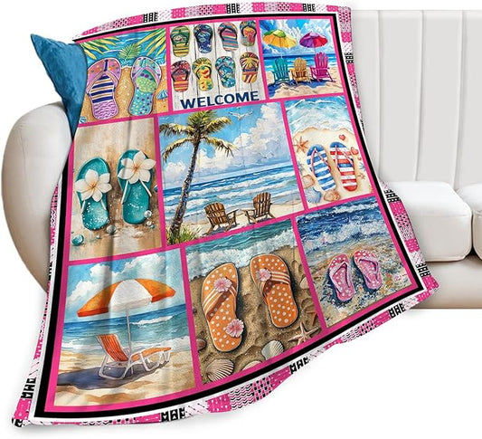 Coastal Blanket Ultra Soft Cozy Ocean Beach Palm Tree Throw Blanket Fleece Fuzzy Plush Bedding Blanket Beach Flip-Flops Decor Gifts for Women Girls Adults Couch Sofa 80"x60"