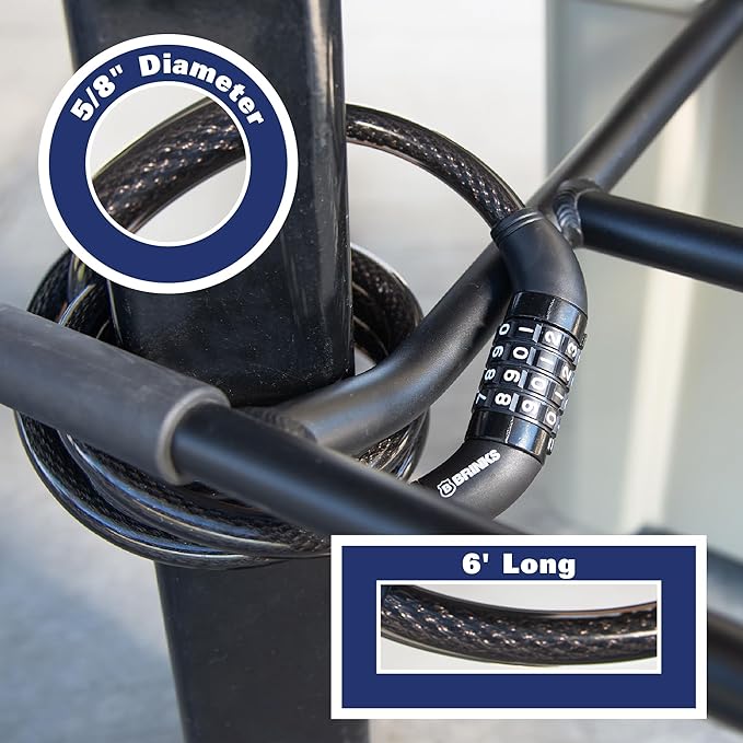 BRINKS 6 ft Outdoor Bike Lock Cable 2 Pack, Thick, Anti Theft Self-Coiling Design, Resettable 4-Dial Combination, Heavy-Duty Steel, 5/8" Weather-Resistant Vinyl Coating for Bikes