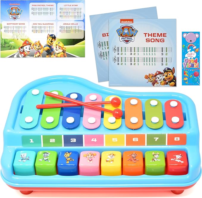 Paw Patrol 2 in 1 Baby Piano Xylophone Toy for Kids Toddlers Girls Boys Musical Instrument with Multicolored Keys Keyboard Sheet Music Two Mallets