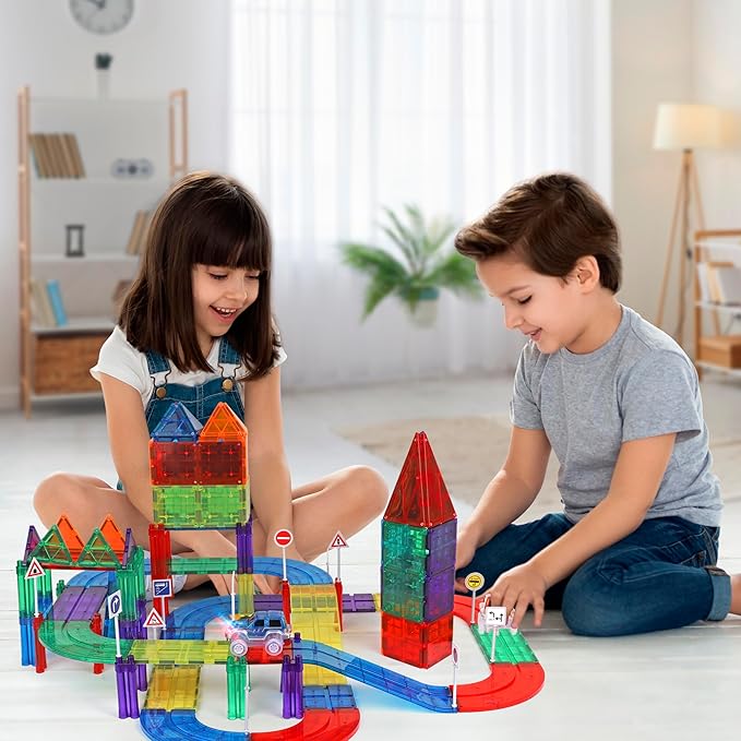 Playmags Magnetic Tiles Race Track Set - 200 Piece STEM Engineering Building Blocks with 2 LED Race Cars, Educational Magnet Toy for Kids