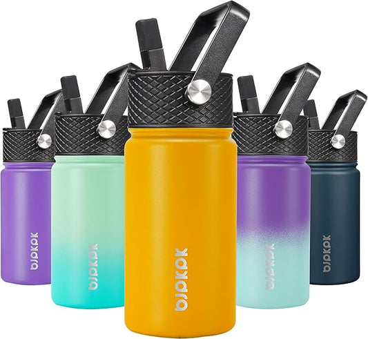 BJPKPK Water Bottle with Straw Lid, 15 oz Insulated Water Bottle, Stainless Steel Metal Water Bottles, Reusable Leak Proof BPA Free Thermo, Flask, Cups,Macaron-Orange