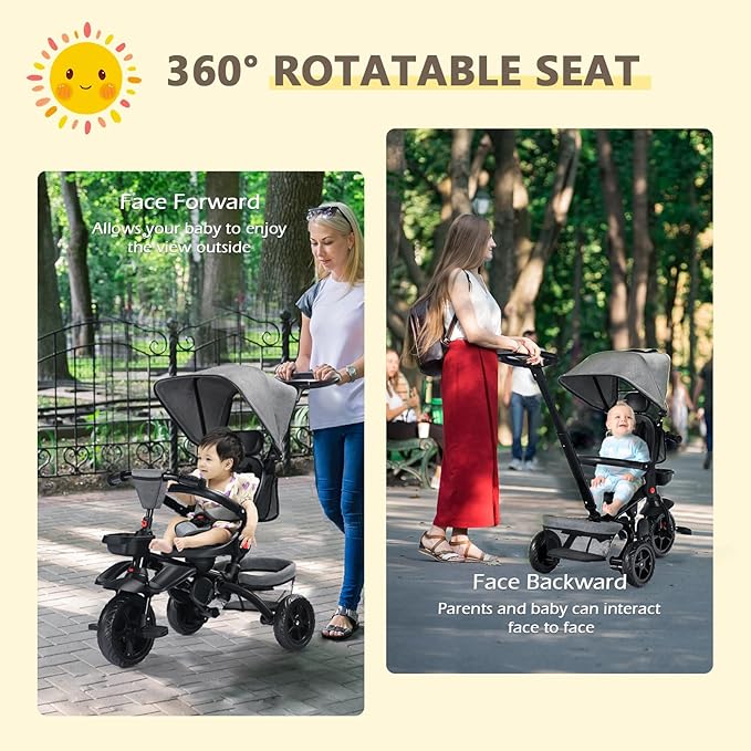 Kinder King Kids Tricycle, 7 in 1 Folding Toddler Trike w/Adjustable Push Handle, Rotatable Seat, Adjustable Canopy, Safety Harness, Storage, Toddler Stroller Bike for Age 6 Months+,Grey