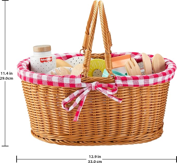 Fisher-Price Wood Pretend Play Toy Picnic Basket, 31-Piece Wooden Food Playset for Preschool Kids Ages 3+ Years