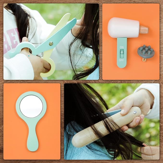 UMU® Wooden Kids Hair Salon Playset, Makeup Toy Set, Hair Styling Toys for Girls, Kids Shaving Kit for Boys, Kids Barber Playset, Gifts for 3 4 5 Year Old Girls Boys (18 PCS)