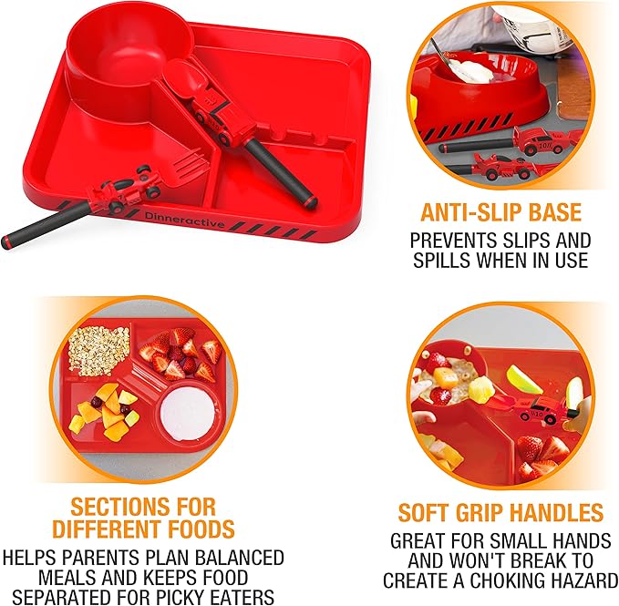 Dinneractive Dining Set for Kids - 3PC Red Race Car Dinnerware - Race Car Utensils - Toddler Plates - Baby Dishes