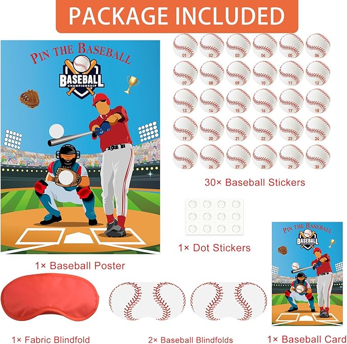 PLULON Pin The Baseball Party Game for Kids Pin the Baseball on the Glove and Bat Large Baseball Poster with Baseball Stickers for Boys Girls Birthday Party Wall Decorations Classroom Activities