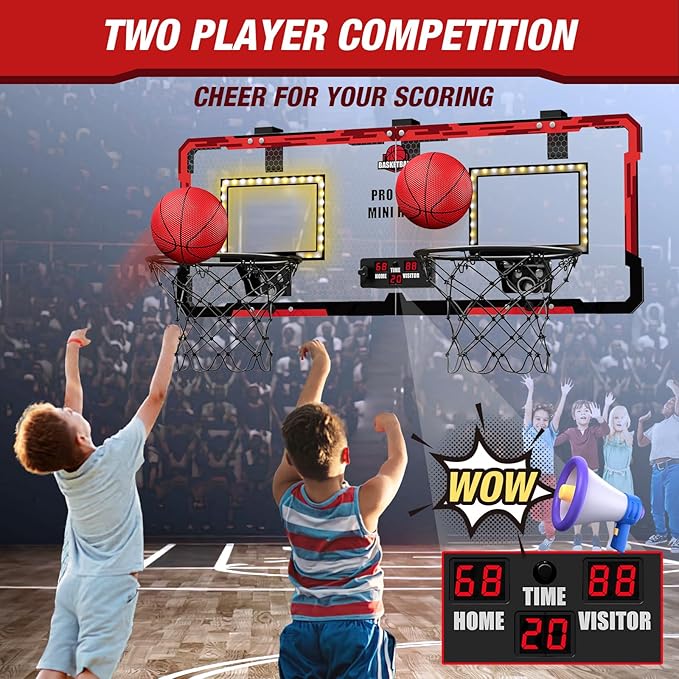 2 Player Basketball Game, Dual Shot Over The Door Mini Basketball Hoop Indoor with Scoreboard & LED, Basketball Toy Gifts for Kids Boys Girls Adults, Suit for Bedroom/Office/Outdoor/Pool, Red