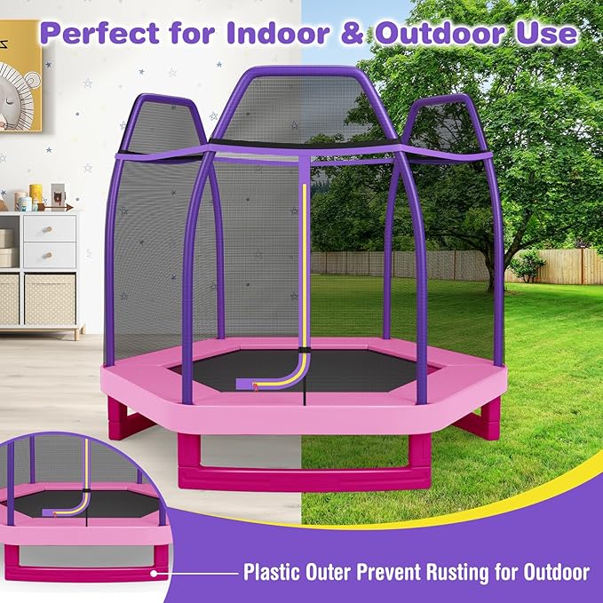 GYMAX Trampoline for Kids, 7FT Toddler Trampoline with Safety Enclosure Net & Seamless Spring Pad, Heavy Duty Small Indoor/Outdoor Trampoline for Boys, Girls Age 3+