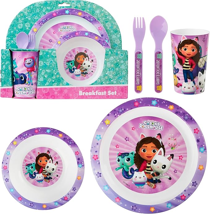 Get Trend Gabby's Dollhouse Dinnerware Sets for Kids, 5 Pc Tableware, Plate, Bowl, Cup, Spoon, Fork, Plates and Bowls Set, Gifts for Kids (Multi Gabby's Dollhouse)