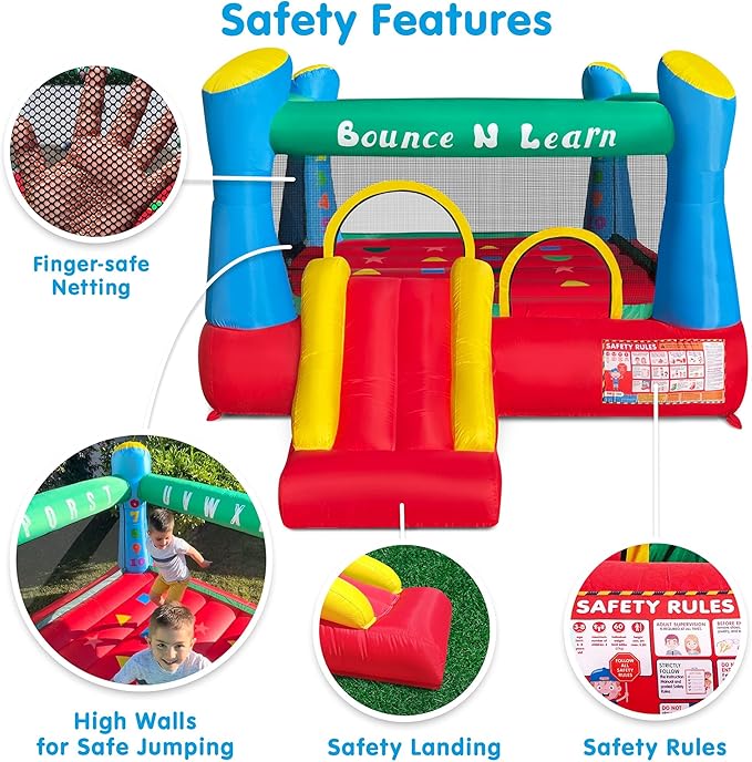 Funormous Educational Inflatable Bouncy House for Kids Outdoor Jump 'n Slide Bounce House with Blower Included for Kids Ages 3-8