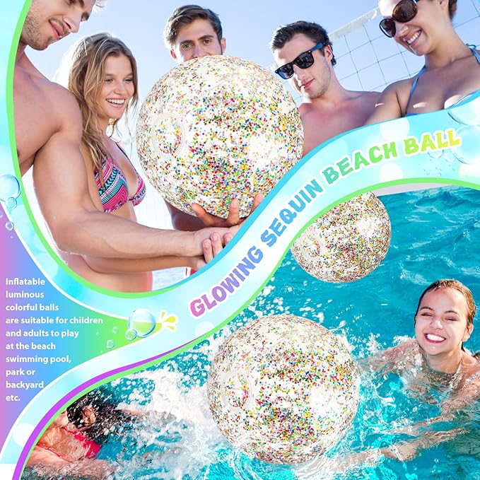 12 Pack 12 Inch Glow in The Dark LED Beach Ball Jumbo Confetti Glitters Inflatable Ball Swimming Pool for Party Pool Summer(Colorful)