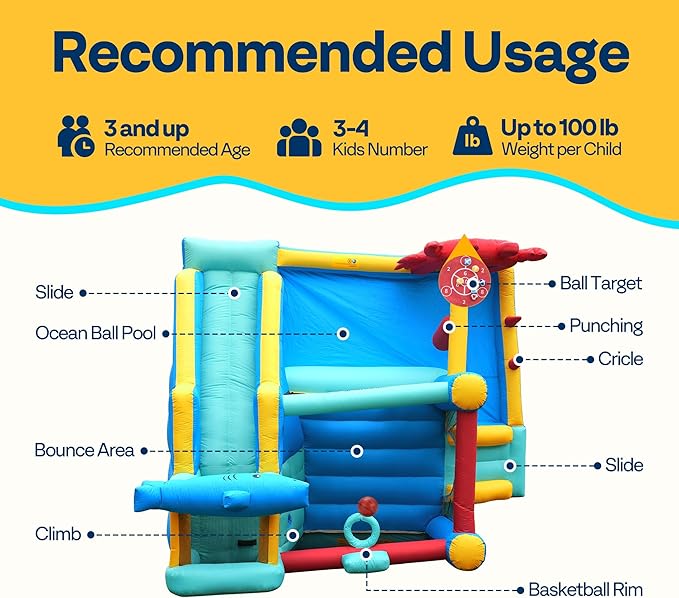 VIVOHOME 7 in 1 Bounce House for Kids, Sea Theme Inflatable Bouncy Castle with Slide, 12x10 FT Inflated Bouncer for Outdoor with Blower, Basketball, Climb, Jump Area, Ball, Water Pool, Hoop
