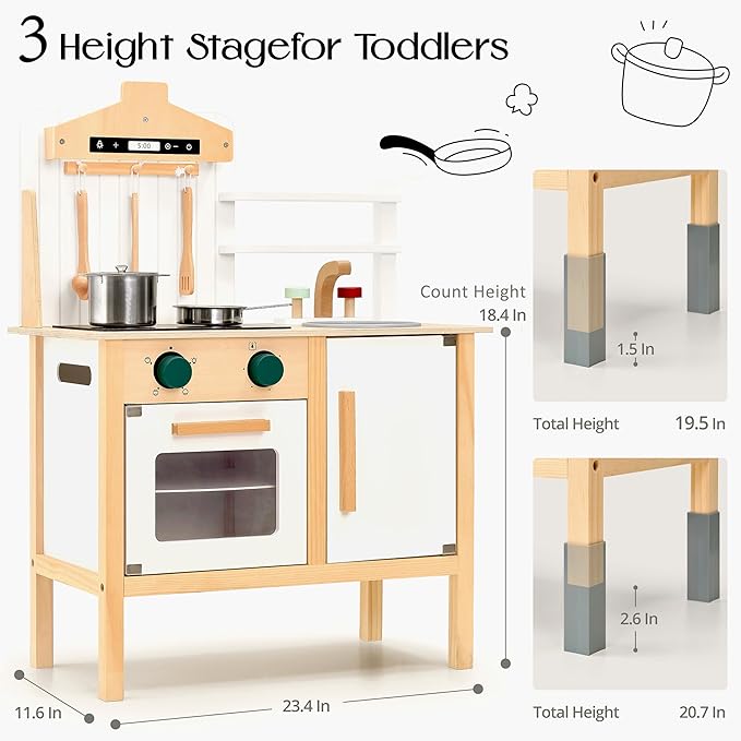 Wooden Play Kitchen for Kids, Adjustable Height Wooden Toys Kids Kitchen Playset, Mordern Designed Toys Kitchen Gift with Play Food Kitchen Accessoires for 3Y+