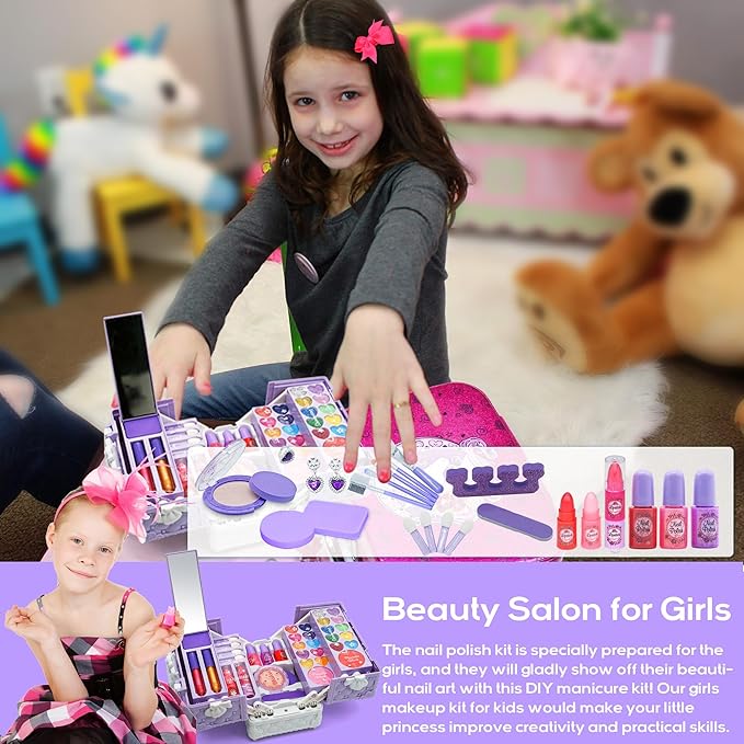 Kids Makeup Sets for Girls - 52 PCS Safe and Washable Makeup for Kids, Real Toddler Makeup Kit with Cosmetic Case, Girls Toys Age 4-12, Princess Toys Birthday Gift(Light Purple)