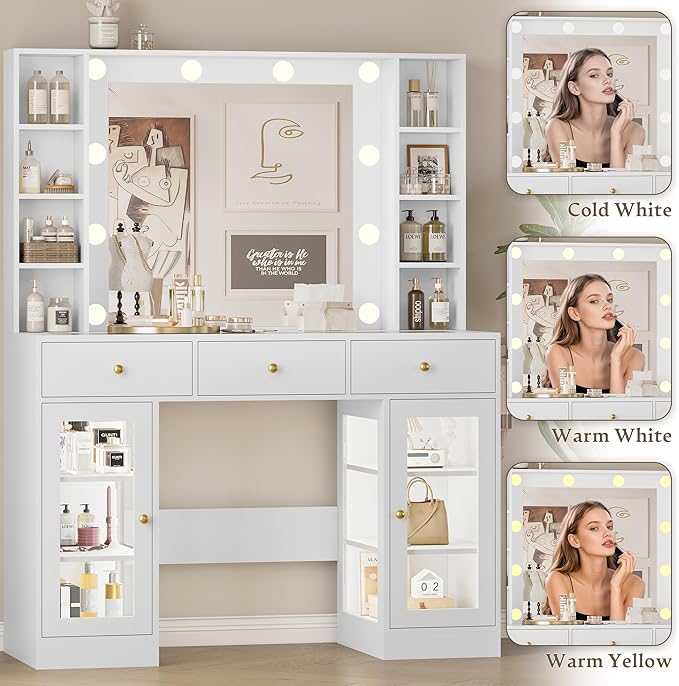 Makeup Vanity Desk with Mirror and Lights, White Vanity with Glass Top, LED Lights & Power Outlet, 3 Drawers & 2 RGB Glass Cabinets, Adjustable Lighted Dressing Table for Women & Girls Bedroom