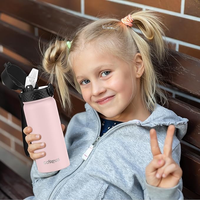 Kids Water Bottle, GOPPUS 18 Oz Stainless Steel Travel Bottle, Double Wall Vacuum Leak Proof Kids Cup for School Boys Girls,Pink