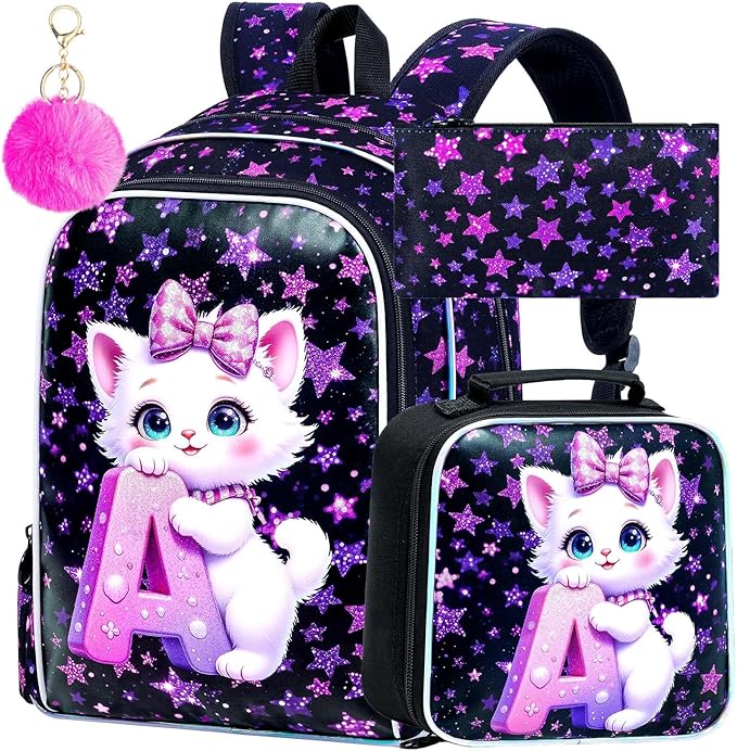 CCJPX 16" Cat Backpack for School, 3Pcs Girls Kids Bookbag with Lunch Box, Water Resistant Elementary School Bag for Kindergarten Preschool Toddler (Black)