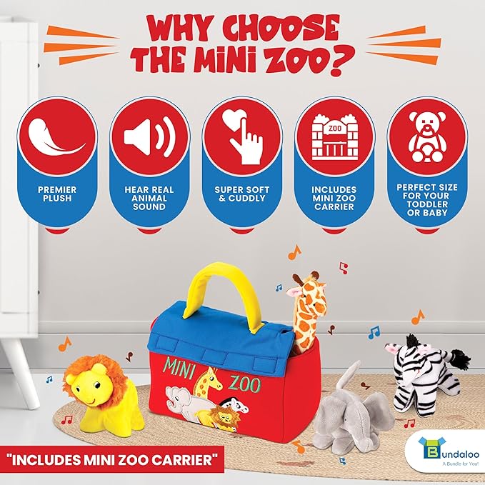 Bundaloo Plush Mini Zoo Playset - Giraffe, Elephant, Lion, Zebra - Interactive Animals, Carrier with Velcro Closure, Natural Sound Effects for Babies and Toddlers