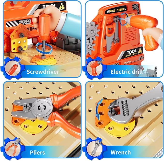 Kids Tool Bench Set, 142Pcs Toddler Tool Toy Playset with Electric Drill & Realistic Tools, STEM Building Pretend Play Construction Toys for Boys, Toddlers Toys Gifts for Ages 3 4 5 6 7 Year Olds