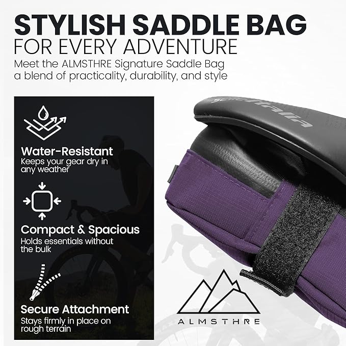 Signature Bike Saddle Bag – Violet | 0.5L Bike Seat Bag (3" x 5.25" x 2") | Water-Resistant Ripstop, Waterproof Zipper, Internal Pocket | Durable Under Seat Storage
