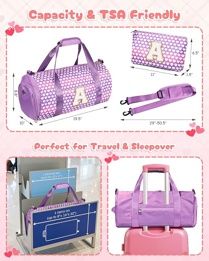 Cheer Up Gifts, Girls Travel Duffel Bag, Kids Initial Overnight Bags with Shoe Compartment, Personalized Gym Ballet Dance Bag with Makeup Pouch, Gift for 5 Year Old Girl Kid (Letter S)