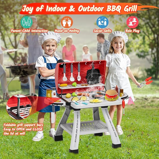 Kids Toys Kitchen Playset, BBQ Grill Playset with Smoke, Sound & Light, Toy Grill for Kids, Pretend Play Food Hamburger, Interactive Toys Barbecue Cooking Game for Toddlers Boys Girls 3-5
